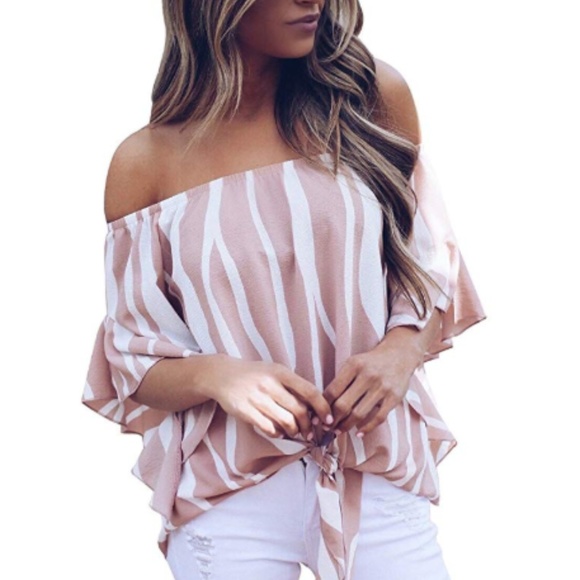 Tops - Women's Striped Off Shoulder Bell Sleeve Shirt